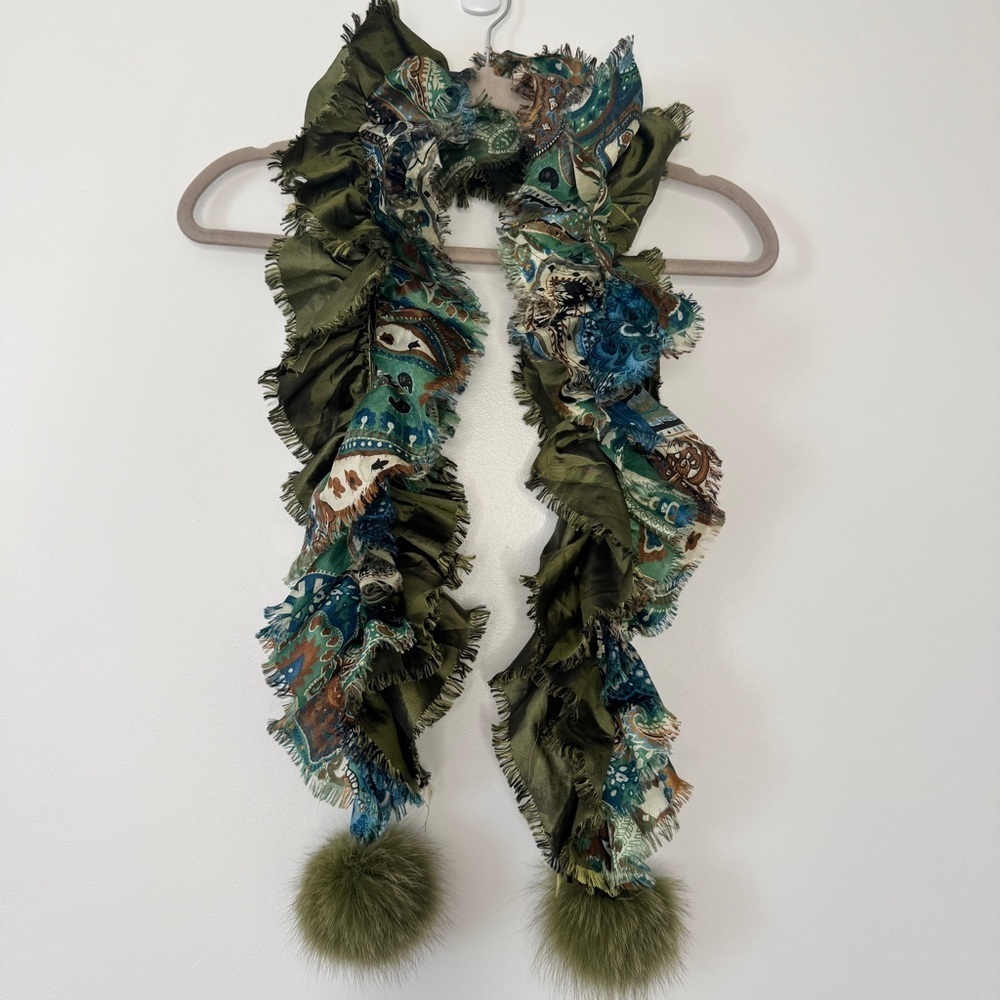 Scarf Ruffle Printed Solid Rabbit Fur Pom-Pom Green Made in France Art to Wear - Picture 2 of 12